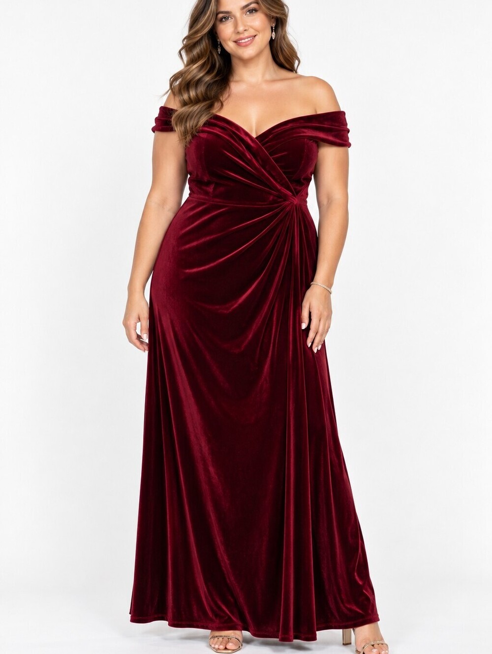 Vintage 90s Xscape 22W Burgundy Red Velvet Off Shoulder Full Length Evening Gown